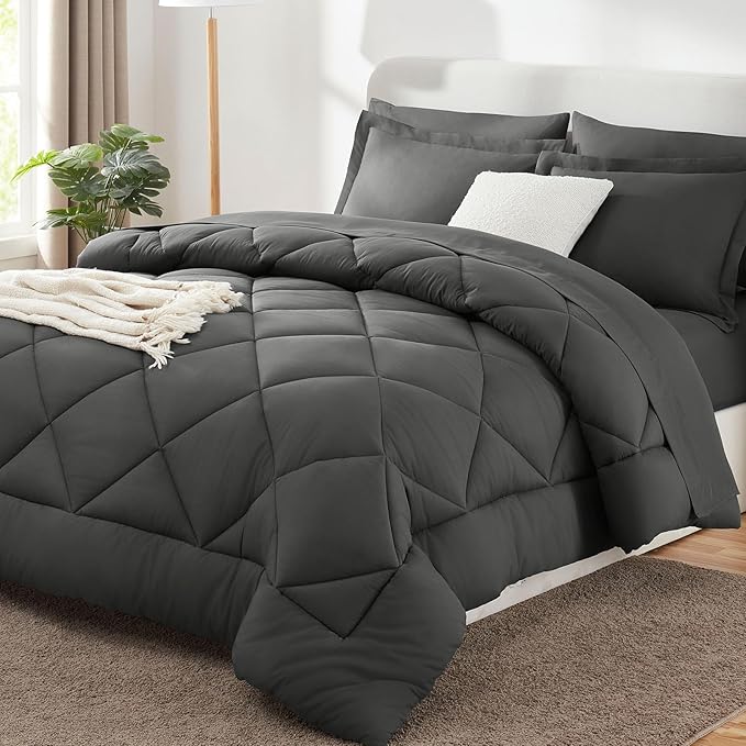 CozyLux Oversized Queen Comforter Set Dark Grey, 7 Pieces Bed in a Bag by CozyLux