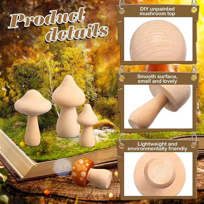 Vicenpal 40 Pcs Unfinished Wooden Mushroom 14 Size Natural Wood Mushrooms - Image 3