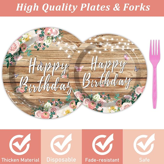 96PCS Spring Floral Birthday Party Plates Wood Grain Pink Flower Rustic - Image 3