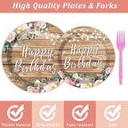 96PCS Spring Floral Birthday Party Plates Wood Grain Pink Flower Rustic - Image 3