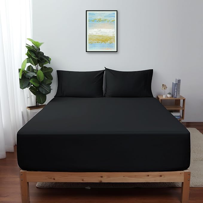 Queen Size Fitted Sheet Only Black, 100% Egyptian Cotton 600 Thread Count by ShunjieHome
