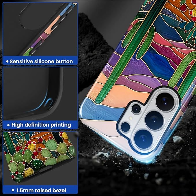 for Samsung Galaxy S26 Ultra Case, Stained Glass Cactus Pattern Glossy 2 in 1 - Image 3