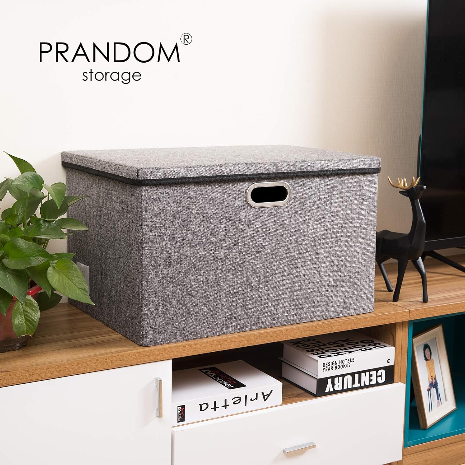 PRANDOM Extra Large Collapsible Storage Bins with Lids [3-Pack] Linen Fabric Foldable Storage Baskets Boxes Organizer Containers Cube with Cover for Bedroom Closet Office Nursery (22.8x15.75x13.8)