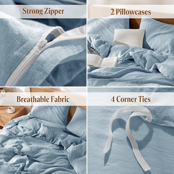 LBRO2M 100% France Linen Duvet Cover Set Queen Size 3 Pcs Natural Flax - Image 5