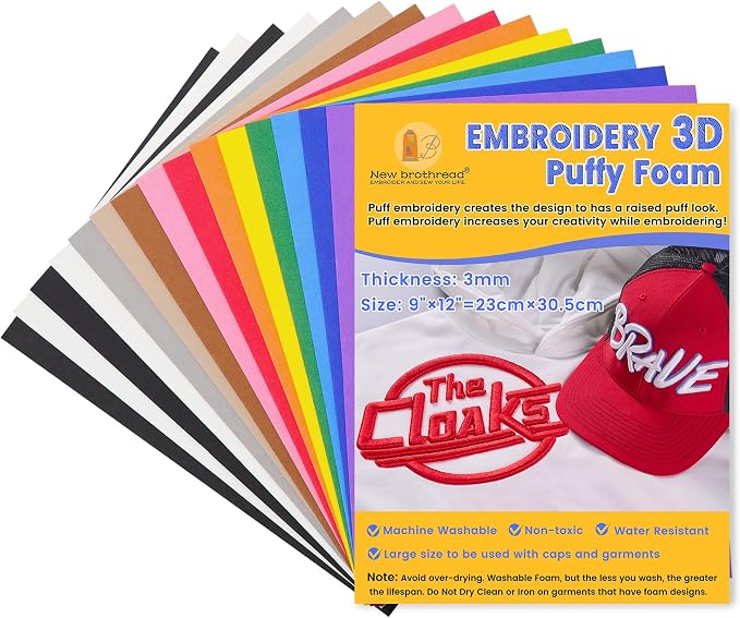 New brothread - 16 Options- 15PCS Embroidery Puffy Foam 9″x12″ Large Size 3MM by Newbrothread