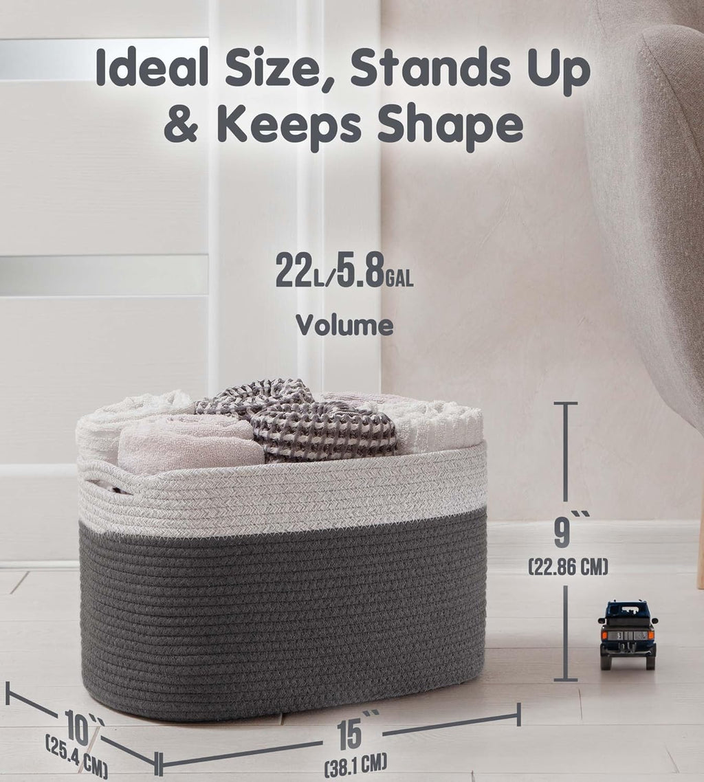 CHAT BLANC Cotton Rope Baskets for Organizing I Storage Baskets for Shelves | Rope Basket for Storage, Small Laundry Baskets, Woven Baskets for Storage, Dog Toy Bin, Baby Basket, Gray & Graphite 3Pack