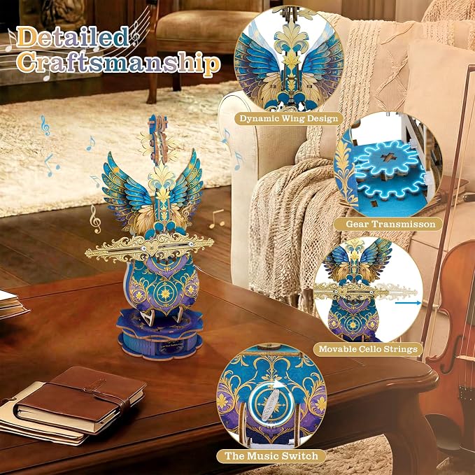3D Wooden Puzzles for Adults, Mechanical Cello Music Box Kit - Image 3