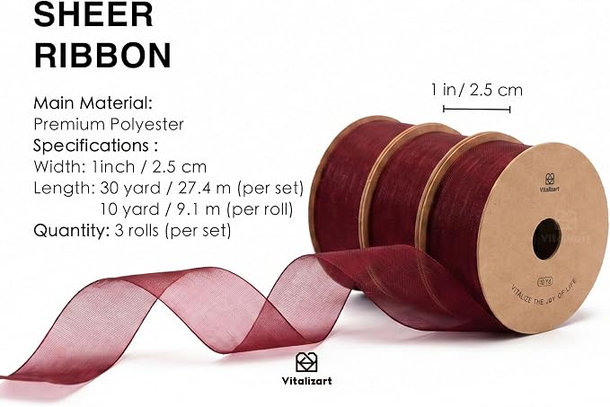 Vitalizart Burgundy Ribbon Organza Sheer Ribbon 1 inch x 30Yd Handmade Fabric - Image 2