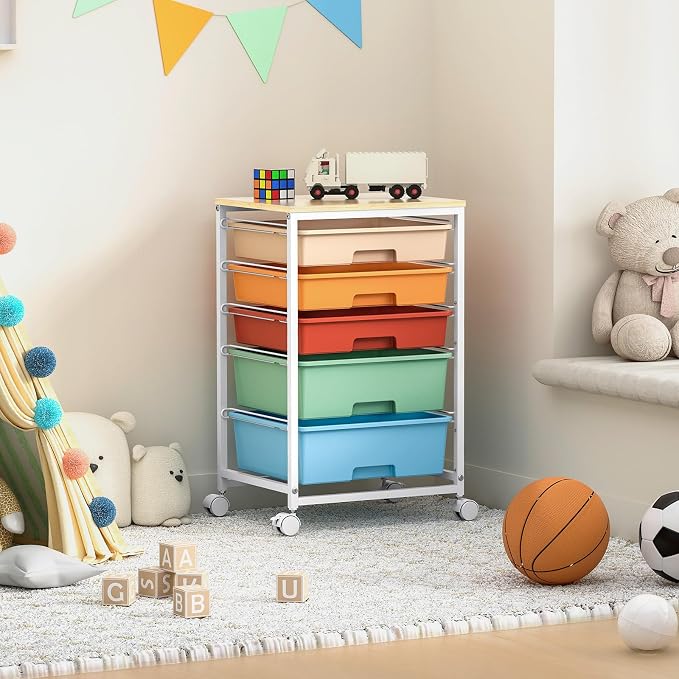 SYKIARIOL Utility Cart with 5 Drawers, Storage Cart with Wooden Tabletop and - Image 10