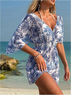 WDIRARA Women's Tie Dye Sheer Boho Chiffon Cover Up Tie Waist Beach Dress Deep - Image 5