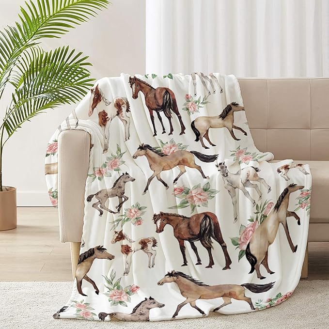 Horse Rose Blanket for Adults,Flowers Throw Blanket for Girls Boys Lightweight Cute Horses Soft Cozy Flannel Blanket for Kids 90 * 120 Inches