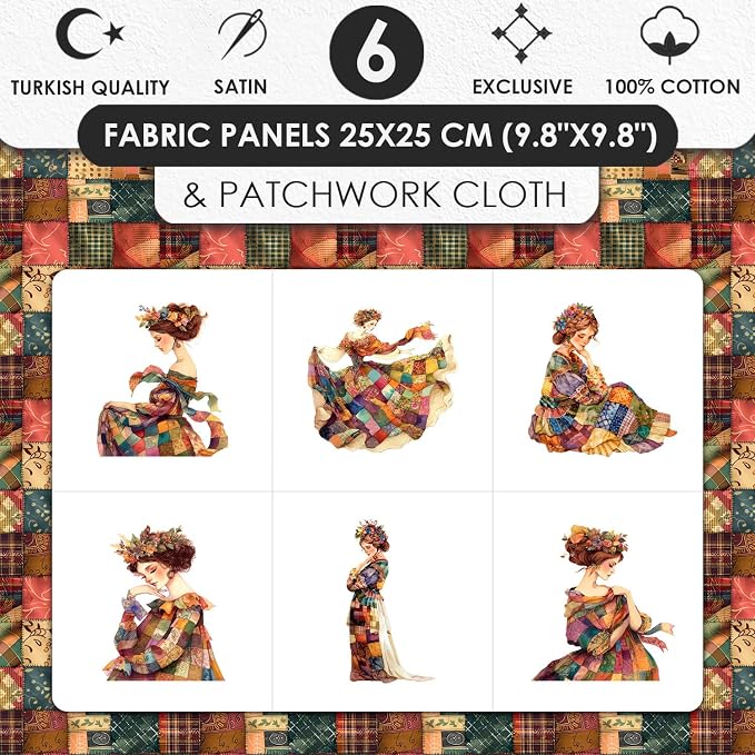 Elegant Lady Patchwork Cotton Fabric Panel – 6 Designs + Bonus Patchwork Sheet - Image 3