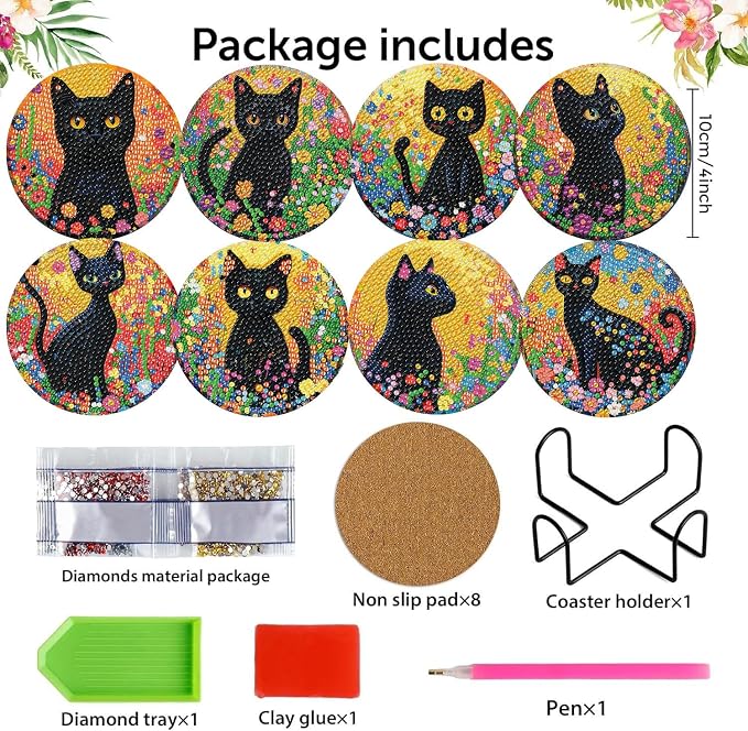 8 Pack Black Cat Diamond Art Coasters Kit for - Image 2