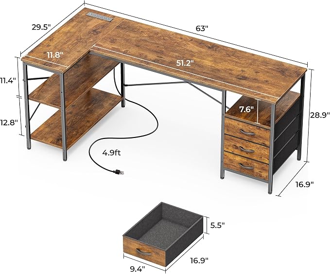 Huuger L Shaped Desk with Power Outlets, 63 Inch Reversible Computer Desk with - Image 3