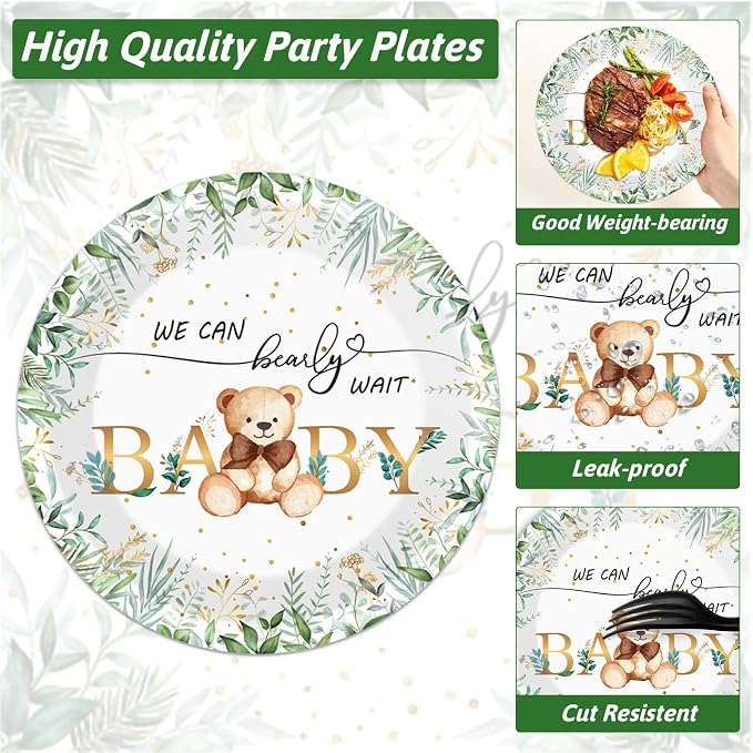 Naozinebi 200PCS Sage Green Bear Baby Shower Decoration Teddy Plates Napkins We - Image 3