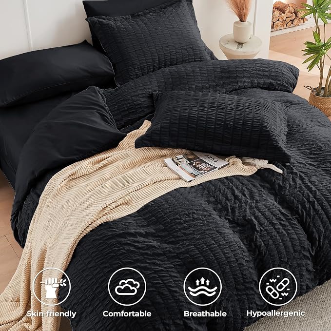 HYMOKEGE Black California King Comforter Set Seersucker 7 Pieces, All Season - Image 3