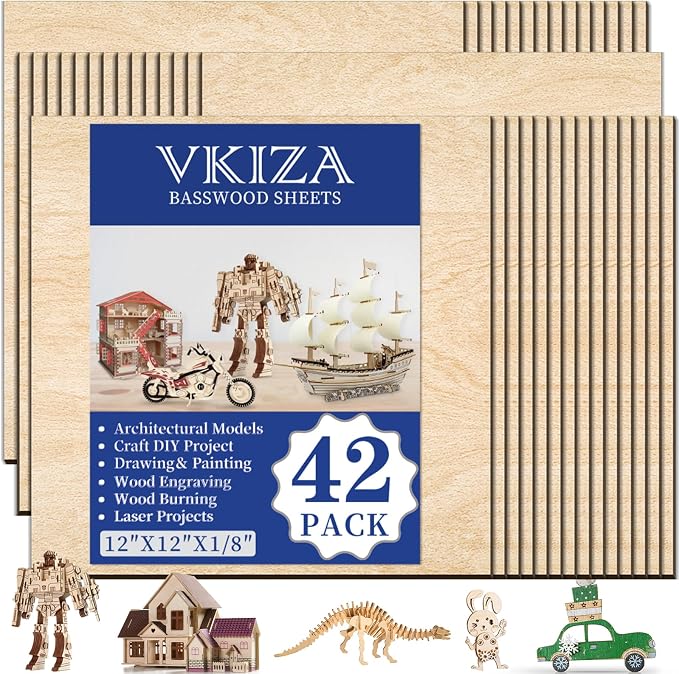 42 Pack Basswood Sheets 12"x12"x1/8" by VKIZA