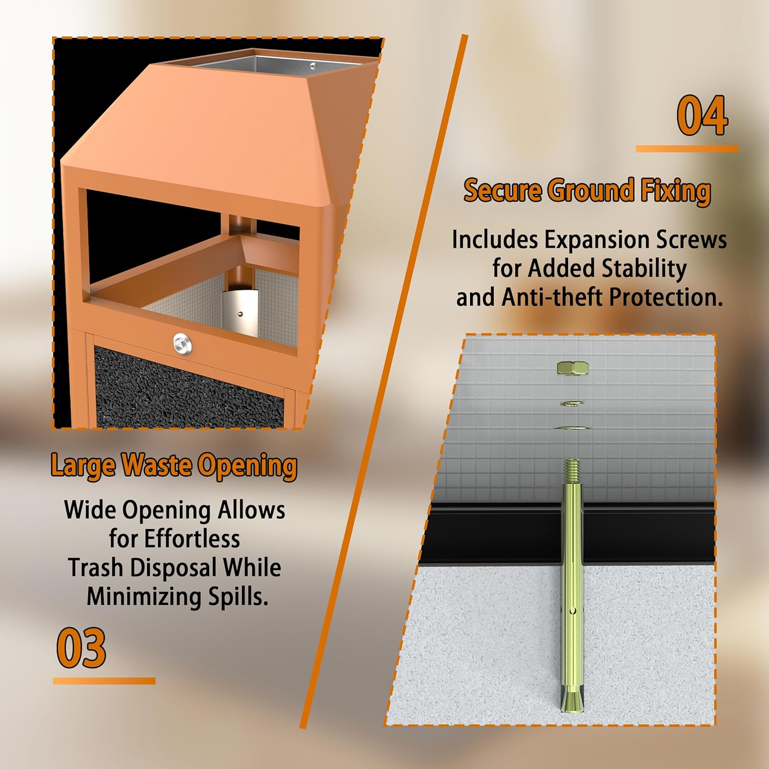 Commercial Metal Outdoor Trash Can with Lid, Lockable Outdoor Garbage Can with Nature Stone Panels, Heavy-Duty Rustproof Trash Bin with Removable Liner for Parks & Public Spaces