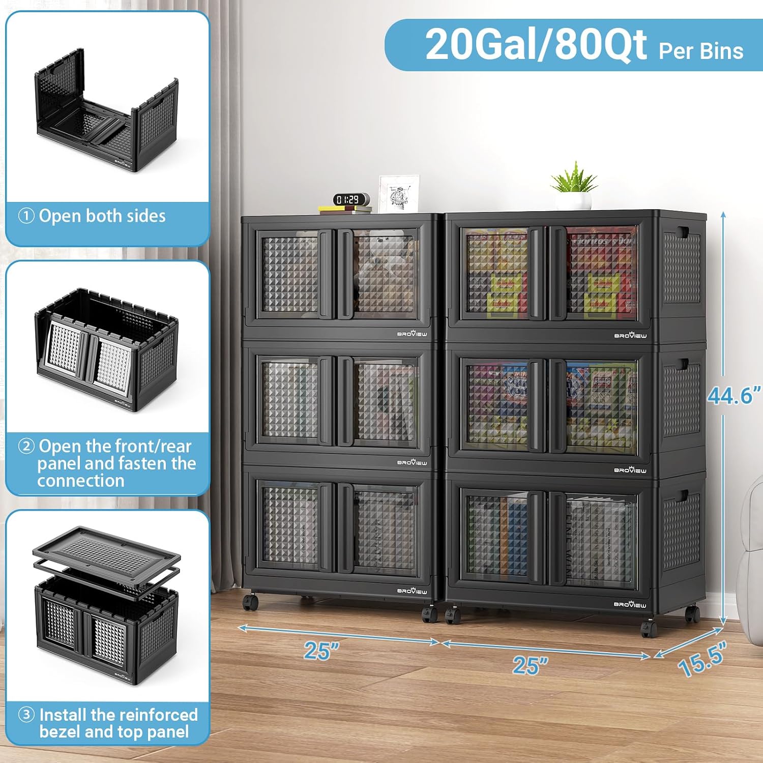 BROVIEW 600 Qt Stackable Storage Bins with Lids & Doors, 6 Pack Plastic Closet Organizer and Storage Drawers with Wheels, Large Collapsible Storage Boxes, Cabinet for Home, Office, V10, Black