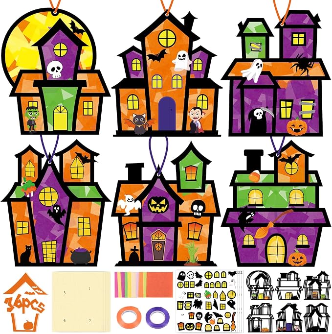 Renbuzhu 36PCS Halloweens Crafts Bulk: Haunted House Paper Suncatchers DIY Kit by Renbuzhu