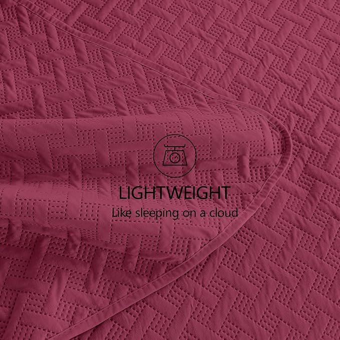 FLYMME Twin Quilt Set, Lightweight Burgundy Bedspreads, Basket Weave Pattern - Image 6