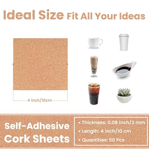 Self-Adhesive Cork Sheets for DIY Coasters, 4 Inch Square, Square Backing Cork - Image 2