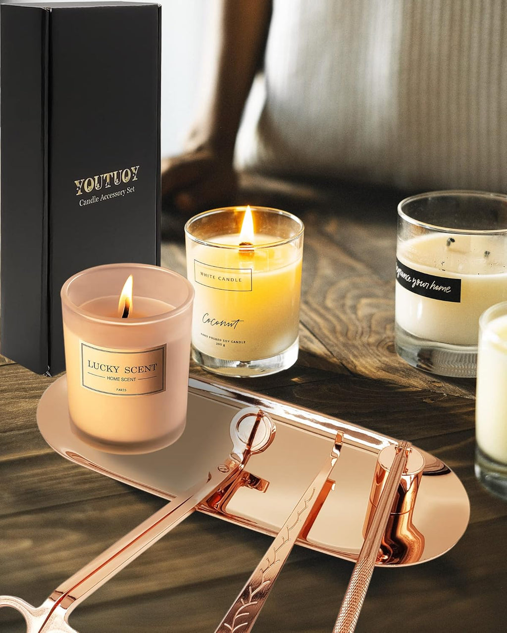 4 in1 Candle Accessory Set with Storage Tray Plate, Candle Wick Trimmer, Candle Wick Snuffer, Candle Wick Dipper, Great for Scented Candles Lovers (Rose Gold)