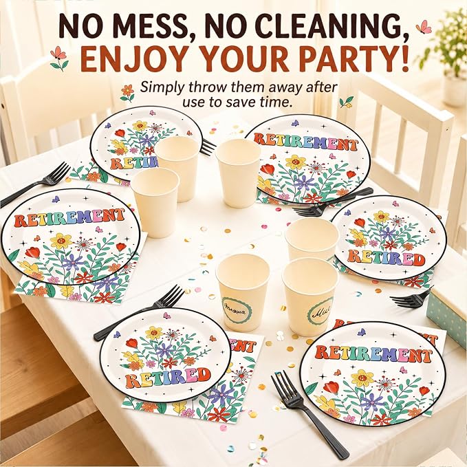 100 Pcs Flower Retirement Party Plates and Napkins Set Happy Retired Birthday - Image 6