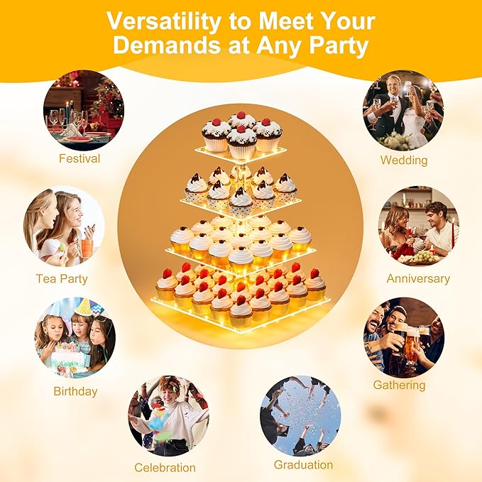 YestBuy Cupcake Stand with Yellow LED Lights, 4 Tier Cupcake Stand - Image 3