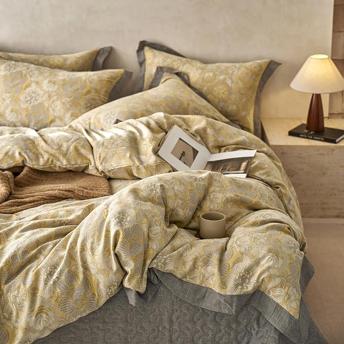mixinni Duvet Cover Queen, Premium Cotton Double-Layer Yarn Golden Floral - Image 4