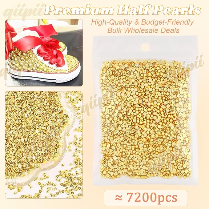 qiipii 7200PCS 3mm Small Shiny Gold Round Half Round Pearls - Image 2