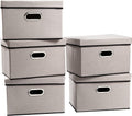 PRANDOM Foldable Storage Bin with Lid [5-Pack] Linen Fabric Decorative Storage Box Organizer Container Basket Cube with Handles Divider for Closet Office Living Room Light Grey(14.9x9.8x9.8)