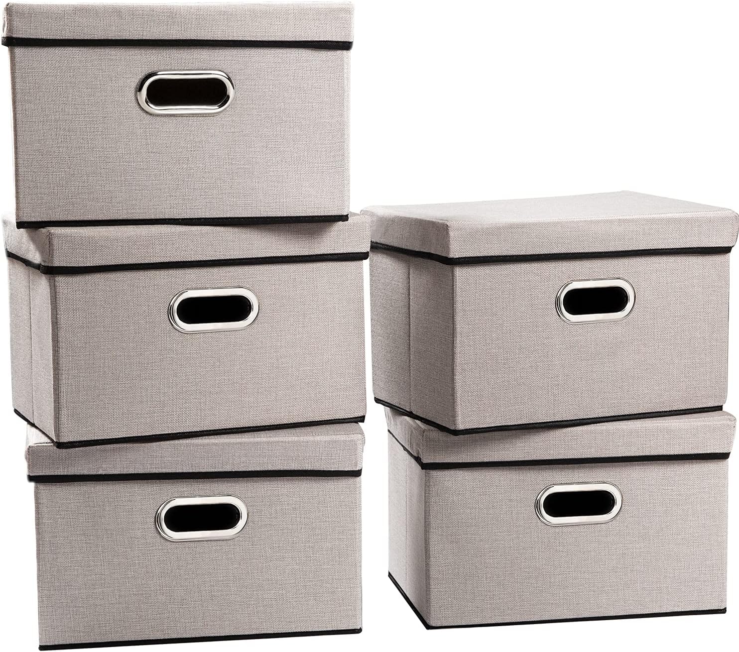 PRANDOM Foldable Storage Bin with Lid [5-Pack] Linen Fabric Decorative Storage Box Organizer Container Basket Cube with Handles Divider for Closet Office Living Room Light Grey(14.9x9.8x9.8)