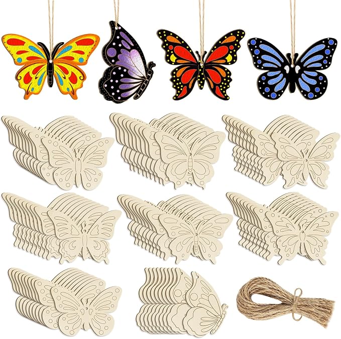 80PCS Wooden Spring Ornaments to Paint Butterfly Cutouts, 8 Styles DIY Blank by Sophena