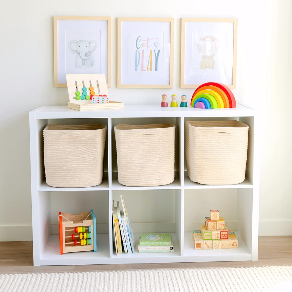 NaturalCozy Storage Cubes 11 Inch Cotton Rope Woven Baskets for Organizing, 3-Pack | Cube Storage Bin | Square Storage Baskets for Shelves Organizer, Classroom, Kids Toy Bins, Closet, Baby Nursery