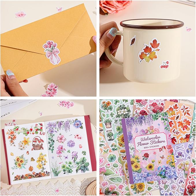 800+ PCS Floral Sticker Book for Journaling Supplies, Leaf Flower Watercolor - Image 5