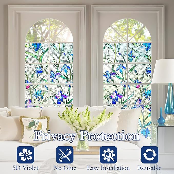 3D Stained Glass Window Privacy Film, Floral UV Block Cling - Image 2