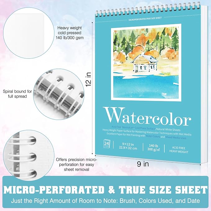 Watercolor Paper Pad, Watercolor Sketchbook 9" x12” 140lb/300gsm, Spiral Bound - Image 2