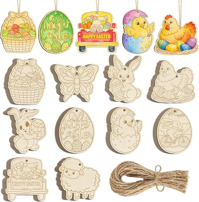 80PCS Wooden Easter Ornaments to Paint, 10 Styles DIY Blank Unfinished Wood Egg by Sophena