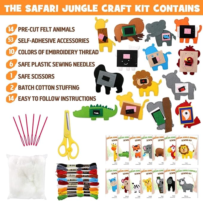 CiyvoLyeen Kids Sewing Kit Crafts – DIY Safari Jungle Animals Felt Plush - Image 6