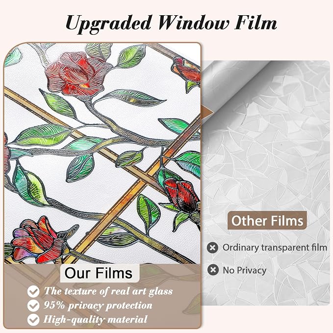 Windimiley Stained Glass Window Film, 3D Rose Floral Decorative Window Covering - Image 6