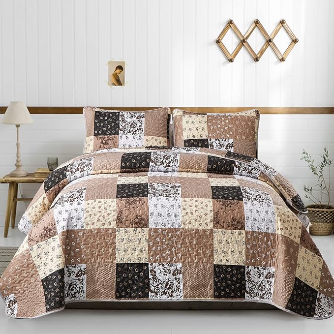 Mybedsoul Khaki Quilt Set King Size Quilt Bedding Set Brown Plaid, 3 Pieces by Mybedsoul