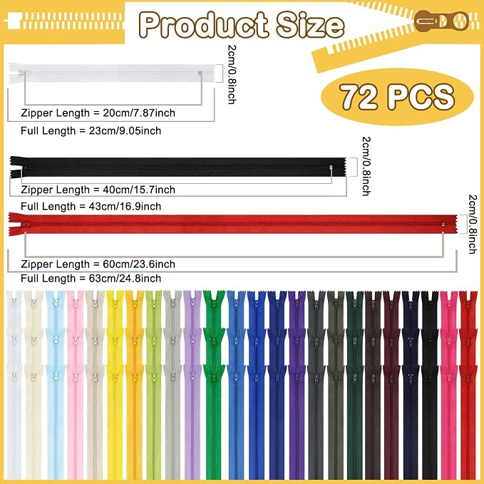 Zippers, DOITEM 72 pcs Zippers for Sewing 8 Inch 16 Inch 24 Inch Multicolor - Image 2