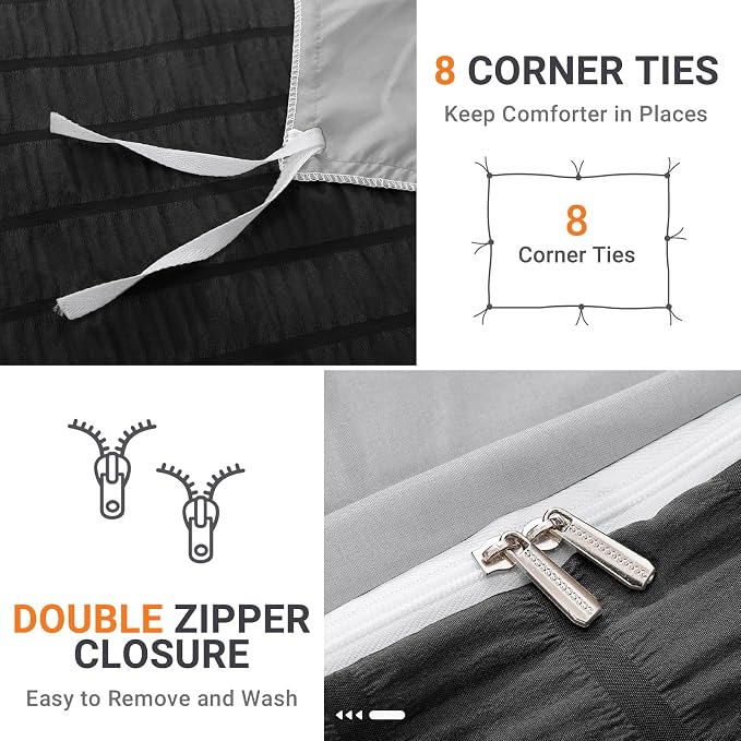 HYMOKEGE Black/Light Grey Duvet Cover Queen Size, Ultra Soft 3-Piece Seersucker - Image 5