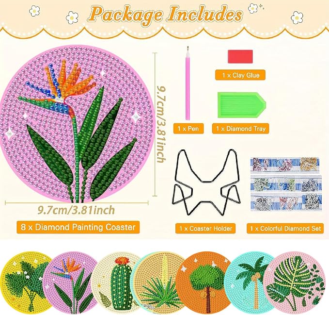 Clendo 8 Pcs Green Plants Diamond Painting Coasters Kits - Image 2