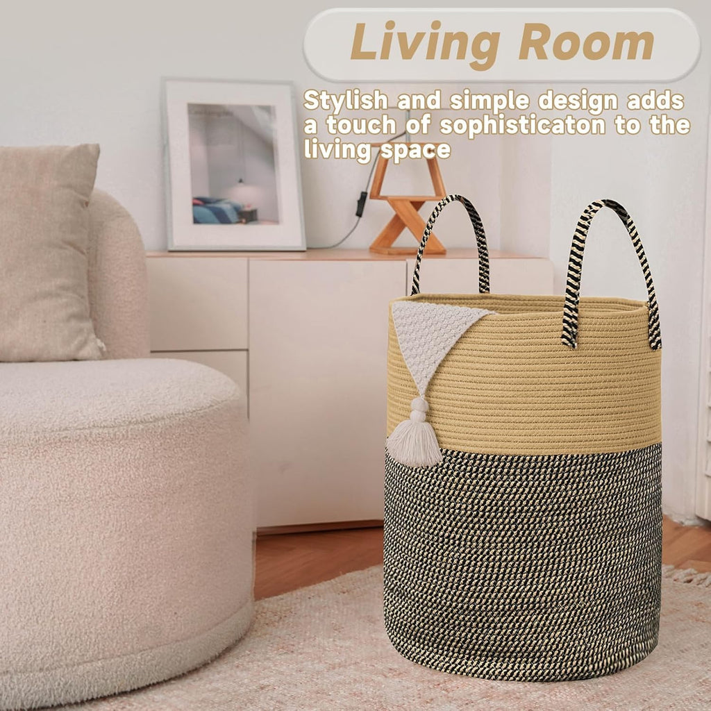 Large Woven Laundry Basket Hamper,80L Cotton Rope Storage Bin for Blankets,Toys and Clothes,Decorative Tall Nursery Hamper for Living Room,Baby Nursery,Bathroom and Bedroom,Brown and Black