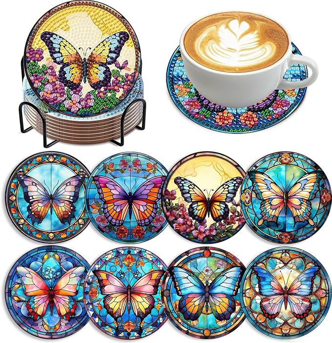 8 Pack Diamond Art Coasters, Butterfly Diamond Painting Coasters Kits | by Zythron