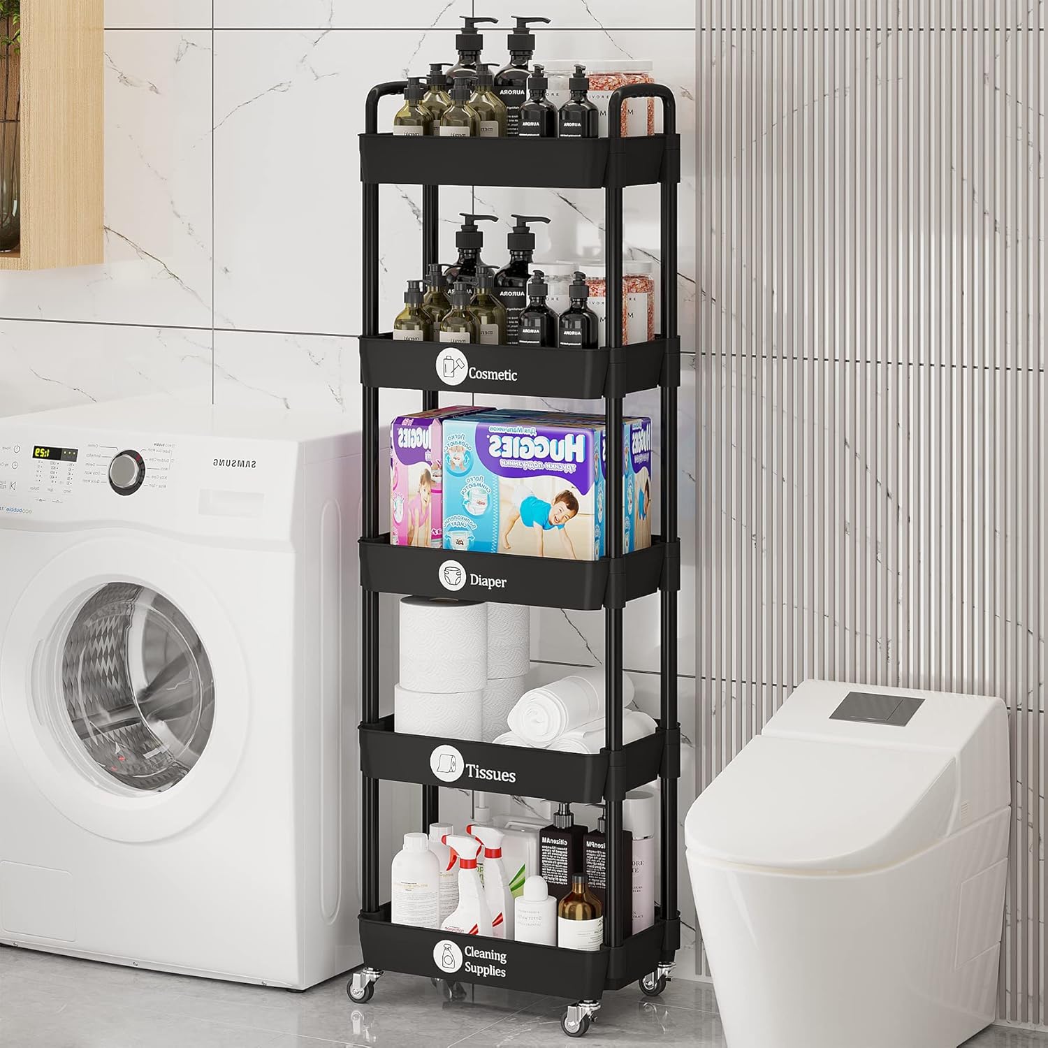 Laiensia Storage Cart,Multifunction Utility Rolling Cart Kitchen Storage Organizer,Mobile Shelving Unit Cart with Lockable Wheels for Bathroom,Laundry,with Classified Stickers
