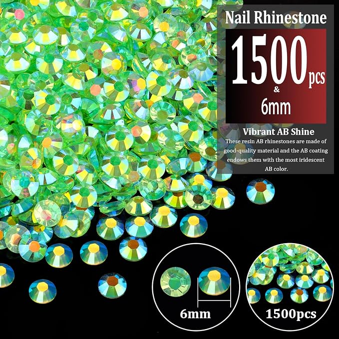 1500pcs 6mm Resin Rhinestones Bulk, Transparent Grass Green AB Flatback Round - Image 2