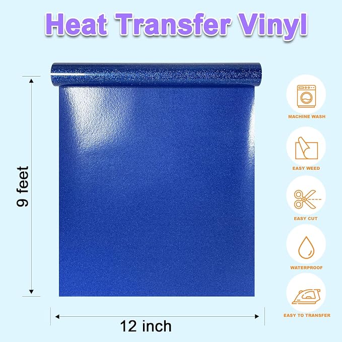 DUEUIOE Blue Glitter HTV Heat Transfer Vinyl Roll - Image 3